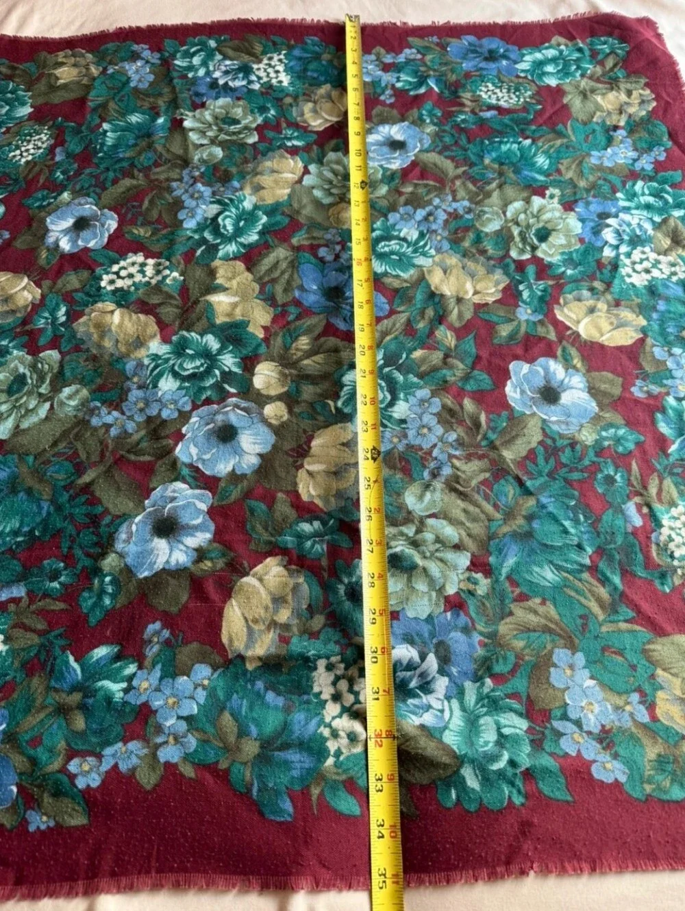 VINTAGE Floral Print Lightweight Scarf in Burgundy and Teal